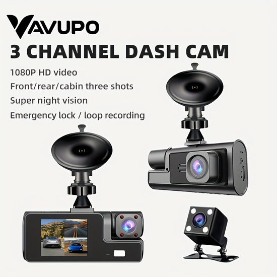 1080P 3Channel Dash Cam with Front Rear and Inside Cameras IR Night Vision Loop Recording 508cm IPS Screen Car DVR Black Box  Vavupo Car DVR Camera 3 Lens