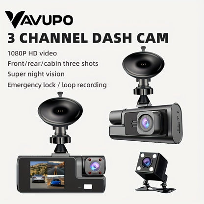 1080P 3Channel Dash Cam with Front Rear and Inside Cameras IR Night Vision Loop Recording 508cm IPS Screen Car DVR Black Box  Vavupo Car DVR Camera 3 Lens