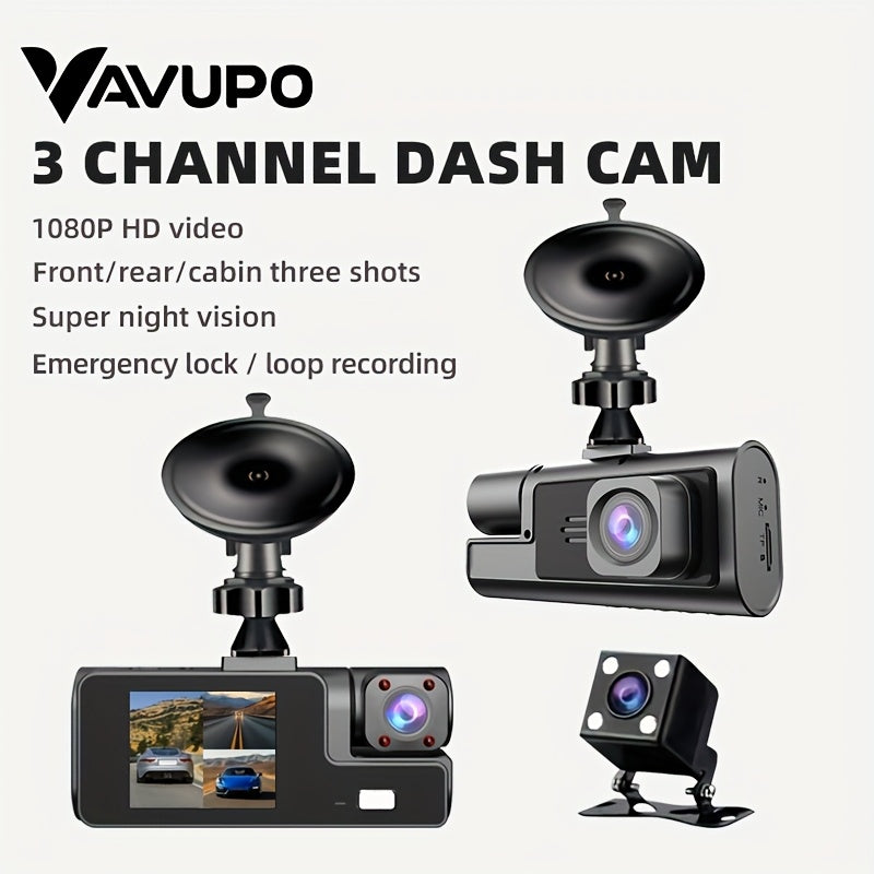 1080P 3Channel Dash Cam with Front Rear and Inside Cameras IR Night Vision Loop Recording 508cm IPS Screen Car DVR Black Box  Vavupo Car DVR Camera 3 Lens