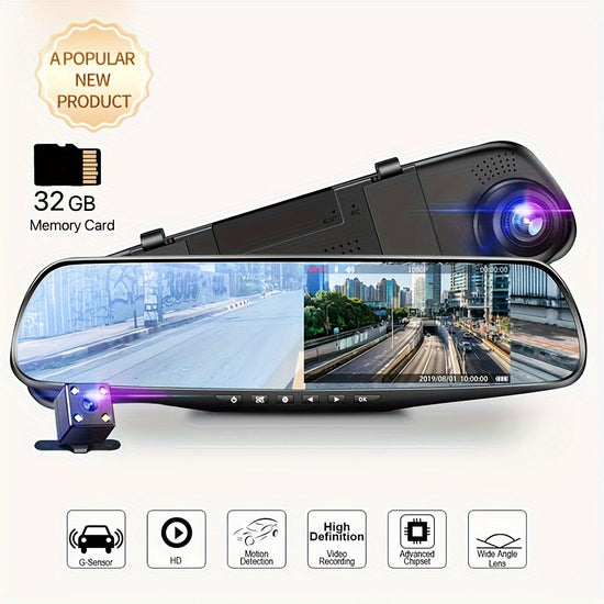 Yixingjia Car Driving Recorder Car Front and Rear Dual Camera Recording Reverse Image HD Night Vision Cycle Recording Car DVR Camera Wide Angle Installation Simple Rearview Mirror with 32G Card