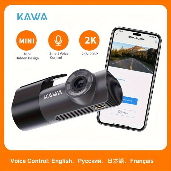 KAWA Dash Cam 2K WiFi Dash Camera for Cars 1296P with HandFree Voice Control Night Vision Mini Dashcam Front Emergency Lock Loop Recording APP Support 256GB Max TF Card not included