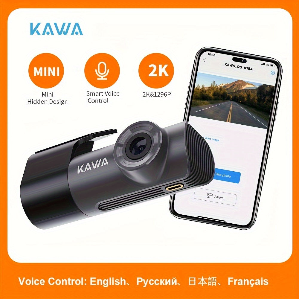 KAWA Dash Cam 2K WiFi Dash Camera for Cars 1296P with HandFree Voice Control Night Vision Mini Dashcam Front Emergency Lock Loop Recording APP Support 256GB Max TF Card not included